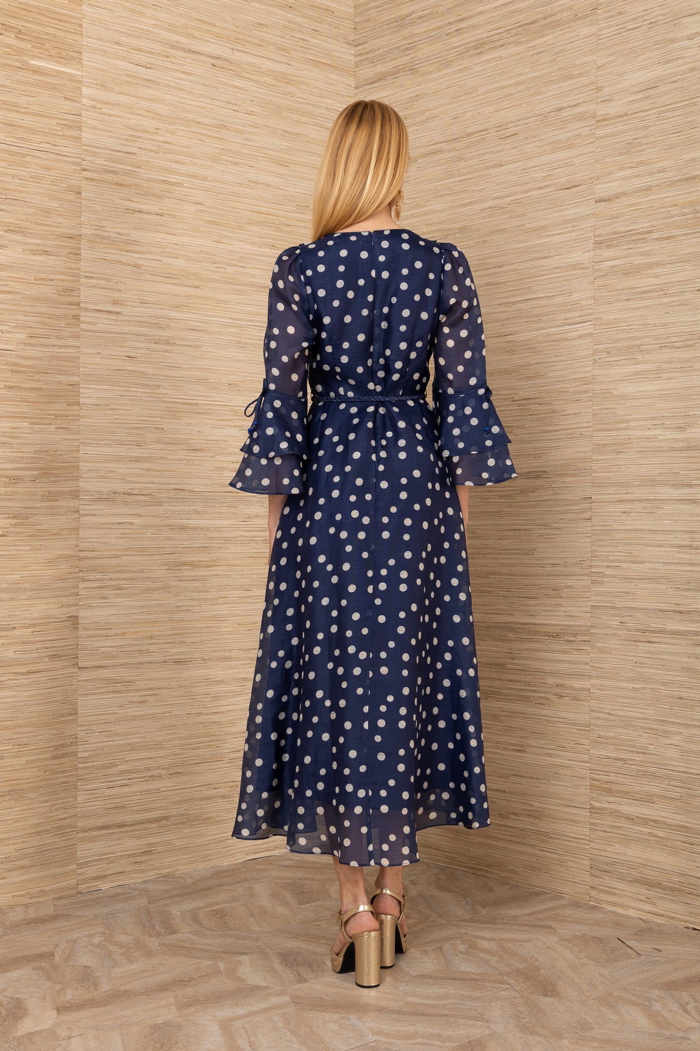 Hale Bob Navy with Beige Spot Silk Linen Blend Maxi Dress