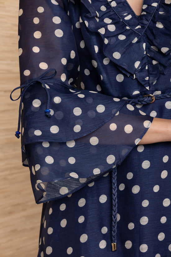 Hale Bob Navy with Beige Spot Silk Linen Blend Maxi Dress