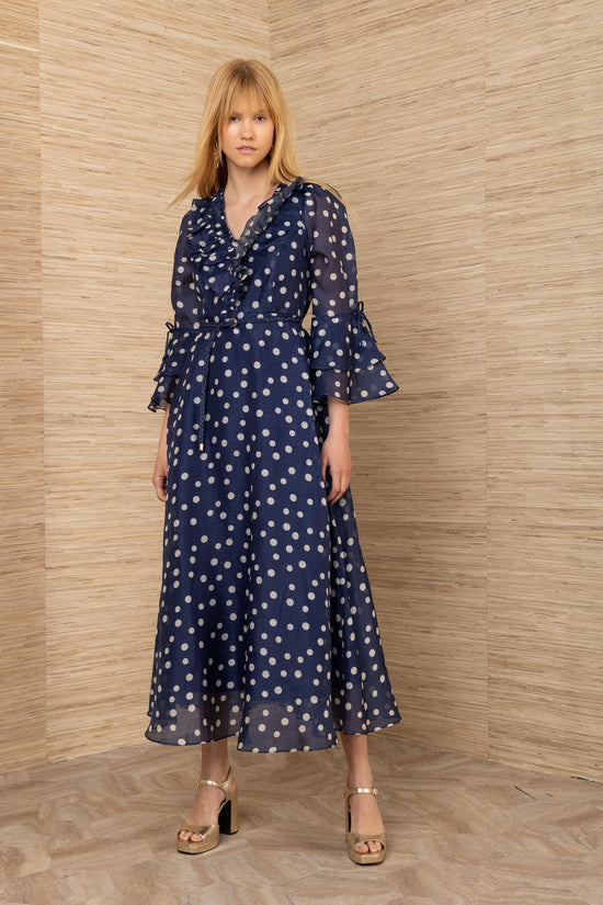 Hale Bob Navy with Beige Spot Silk Linen Blend Maxi Dress