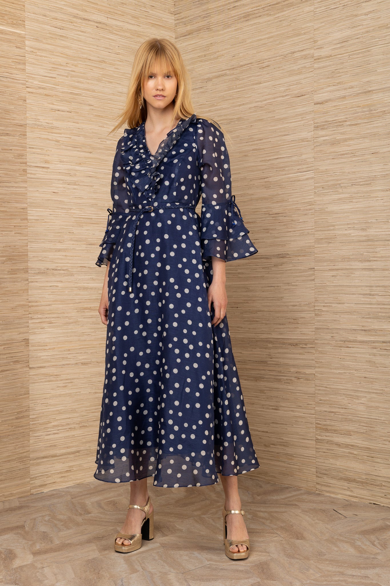 Hale Bob Navy with Beige Spot Silk Linen Blend Maxi Dress