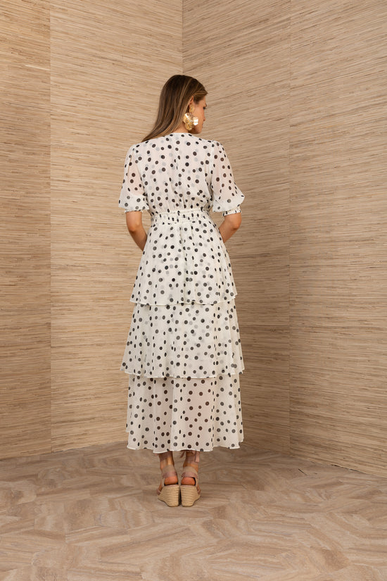 Hale Bob Ivory with Black Spot Print tiered v neck dress