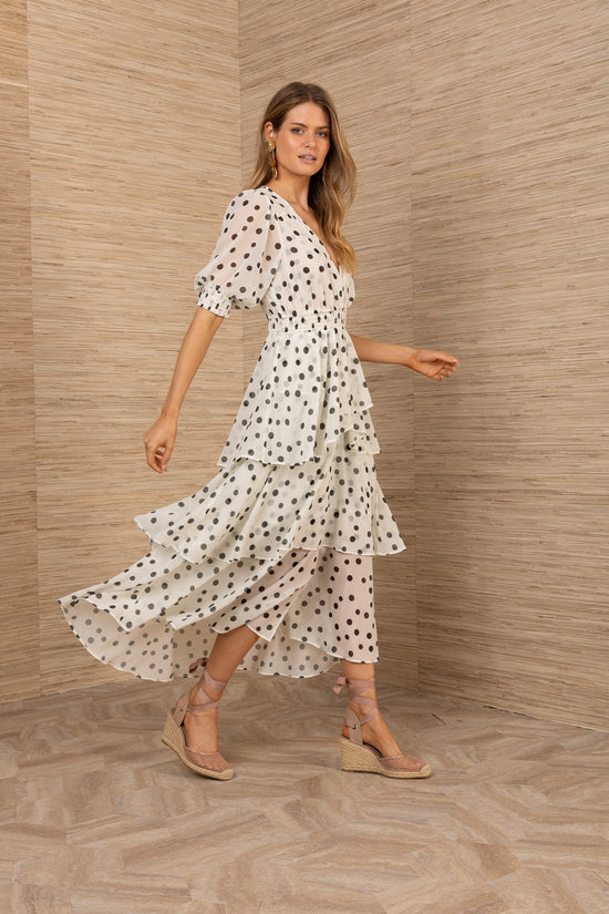 Hale Bob Ivory with Black Spot Print tiered v neck dress