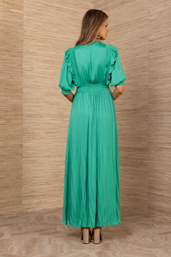 Hale Bob Green Maxi Dress with Smocked Neck and Waist