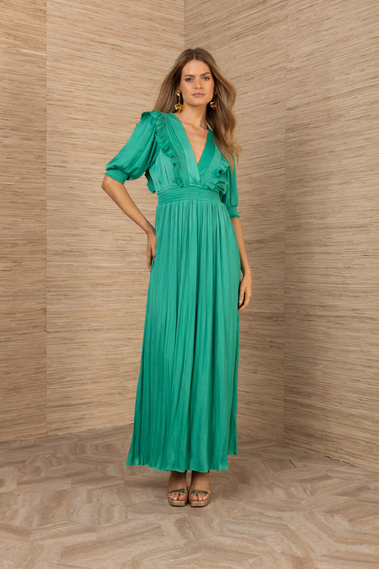 Hale Bob Green Maxi Dress with Smocked Neck and Waist