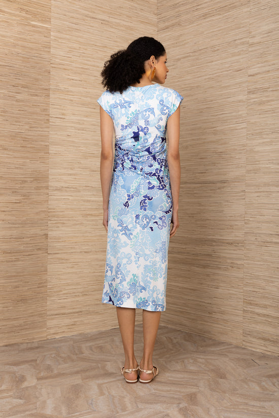 Hale Bob Blue Print Shirred Fully Lined Cap Sleeve Midi Dress