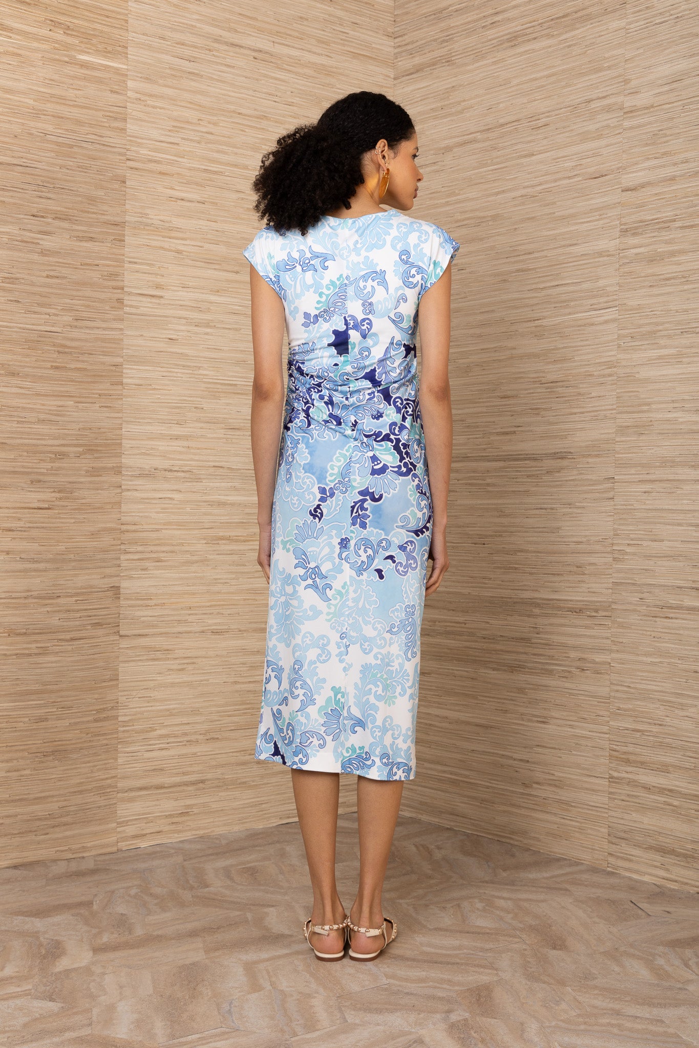 Hale Bob Blue Print Shirred Fully Lined Cap Sleeve Midi Dress