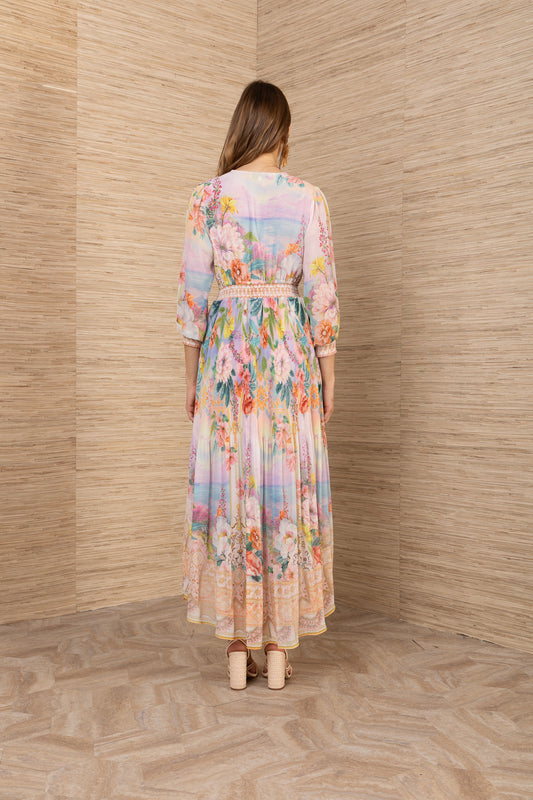 Hale Bob Gold Floral V-Neck Maxi Dress with Shirred Waist, Pleated Skirt Long Sleeve