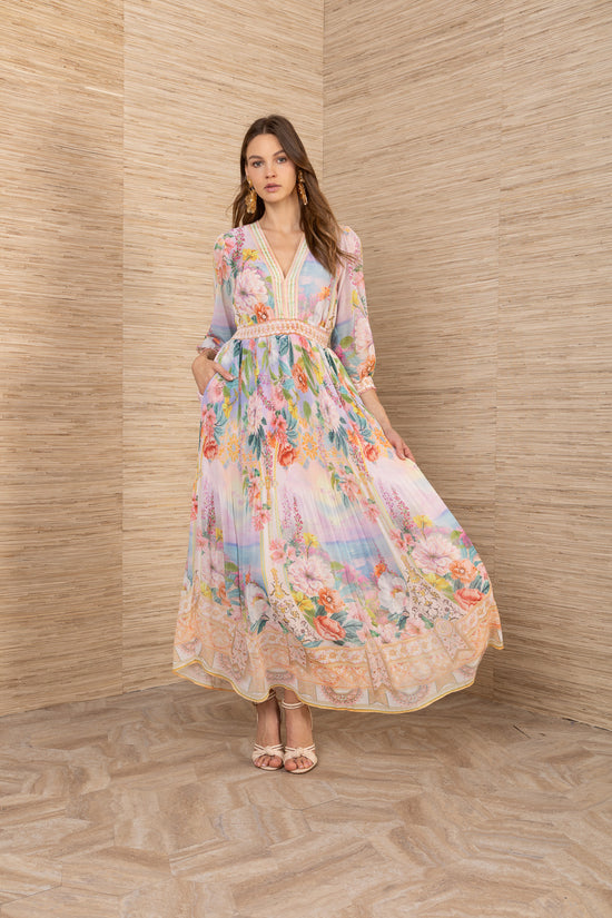 Hale Bob Gold Floral V-Neck Maxi Dress with Shirred Waist, Pleated Skirt Long Sleeve