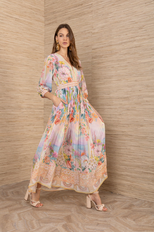 Hale Bob Gold Floral V-Neck Maxi Dress with Shirred Waist, Pleated Skirt Long Sleeve