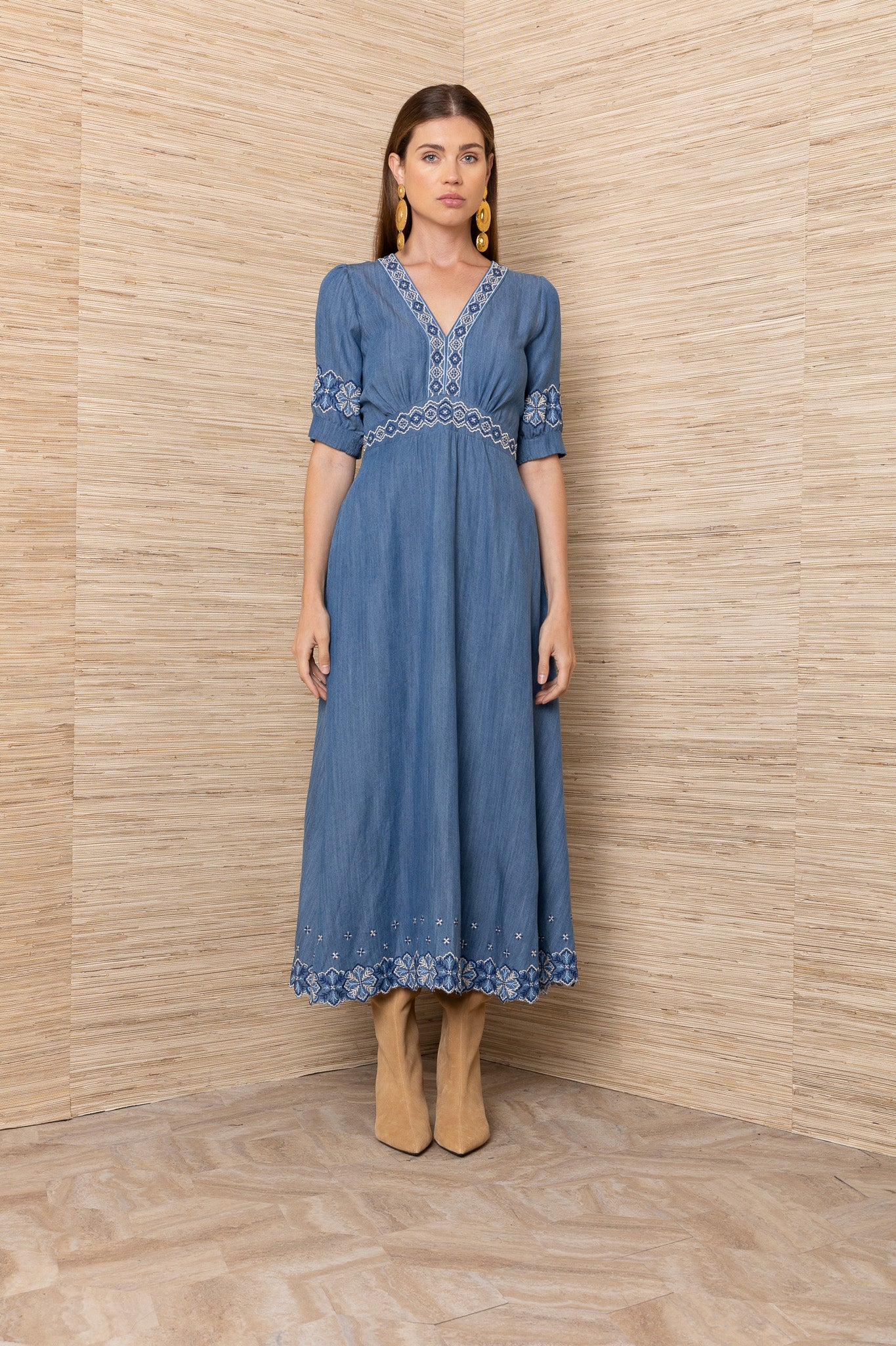 Hale Bob Light Denim Blue Maxi Dress with Embroidery Detailing
