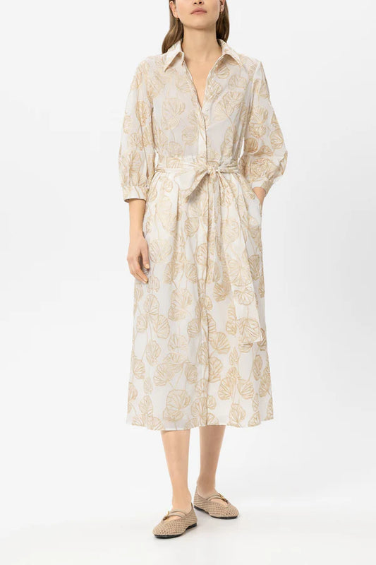 Luisa Cerano Gold Embroidery Midi 3/4 Sleeve Shirt dress