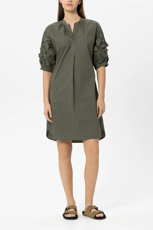 Luisa Cerano Khaki Midi Dress with Eyelet Embroidery