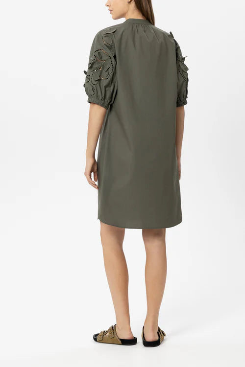Luisa Cerano Khaki Midi Dress with Eyelet Embroidery