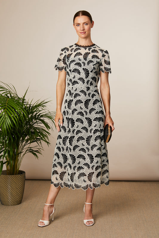 Fee G Black & Cream Loreta Lace Dress – Mid-Length A-Line with Scalloped Neckline