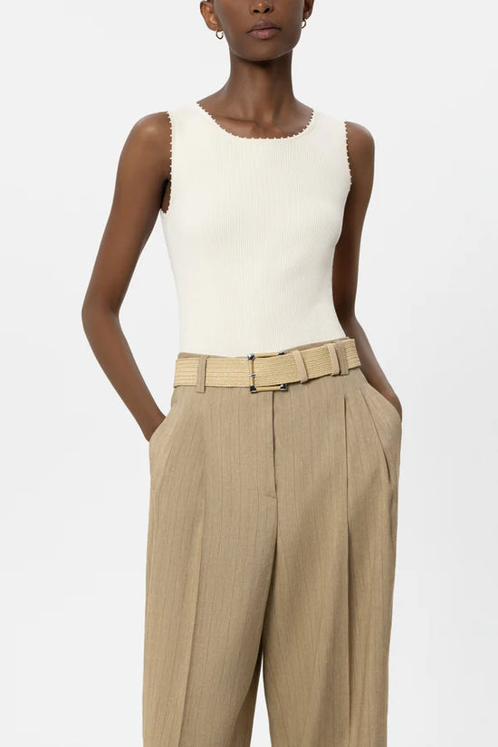 Luisa Cerano Sand Elastic Raffia Belt with Square Pin Buckle