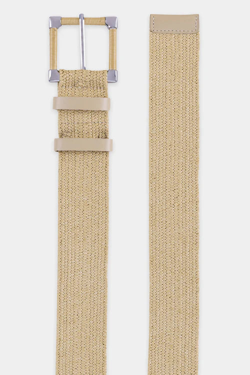 Luisa Cerano Sand Elastic Raffia Belt with Square Pin Buckle