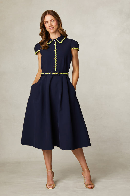 Fee G Navy Tailored Dress with Cap Sleeves, Pleated Skirt & Contrast Rick-Rack Trim