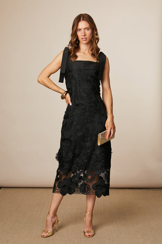 Fee G Black Lace Midi Dress with Tie Straps