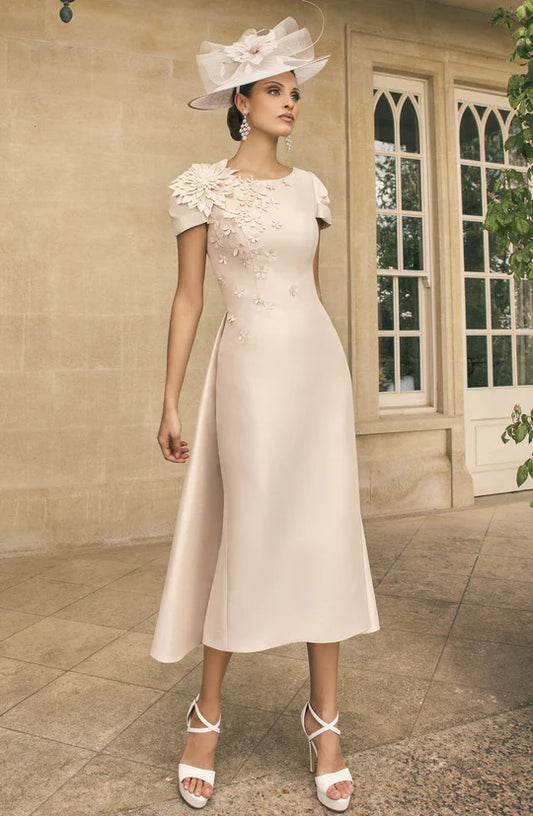 Veni Infantino Almond Mid-Length Dress with 3D Floral Appliqués 