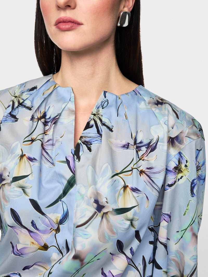 Marc Cain Blue Long Sleeve Blouses with Floral Lily Print