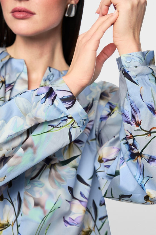 Marc Cain Blue Long Sleeve Blouses with Floral Lily Print