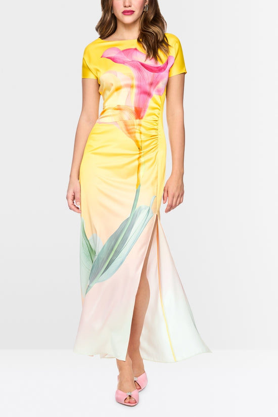 Marc Cain Pink & Yellow Short Sleeve Calla Lily Maxi Dress