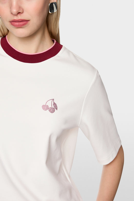 Marc Cain Sports Off White Classic Crew Neck T-Shirt with Cherry Detail