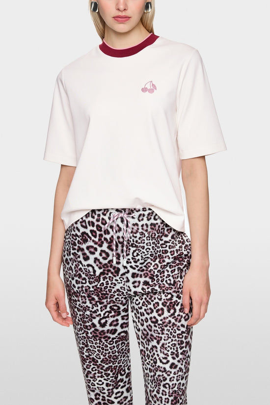 Marc Cain Sports Off White Classic Crew Neck T-Shirt with Cherry Detail