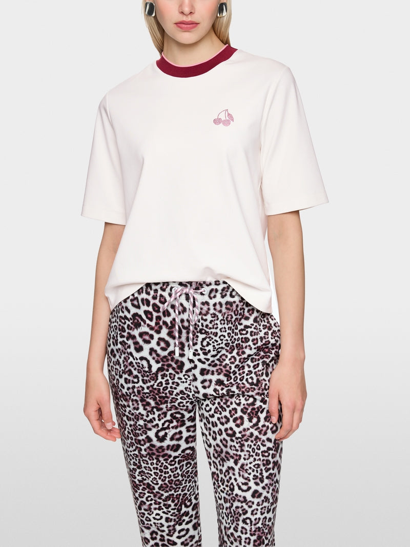 Marc Cain Sports Off White Classic Crew Neck T-Shirt with Cherry Detail