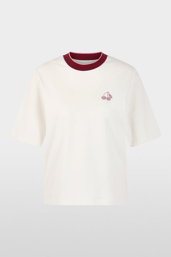 Marc Cain Sports Off White Classic Crew Neck T-Shirt with Cherry Detail