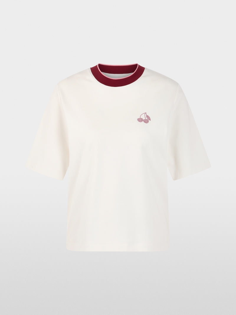 Marc Cain Sports Off White Classic Crew Neck T-Shirt with Cherry Detail