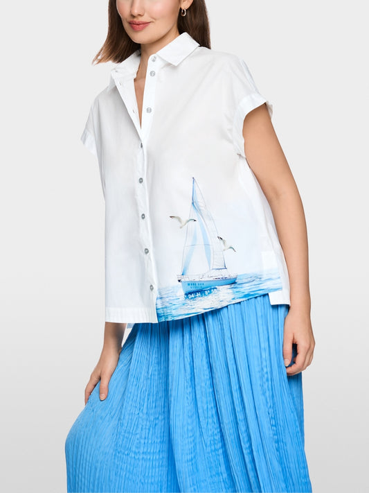 Marc Cain White Short Sleeve Cotton Shirt with Maritime Print