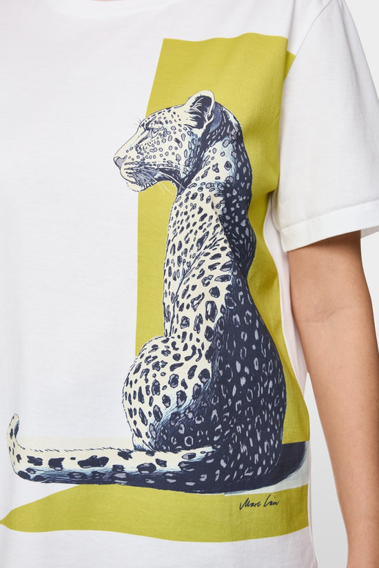 Marc Cain White Short Sleeve Cotton T-Shirt with Leopard Print