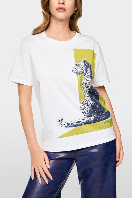 Marc Cain White Short Sleeve Cotton T-Shirt with Leopard Print