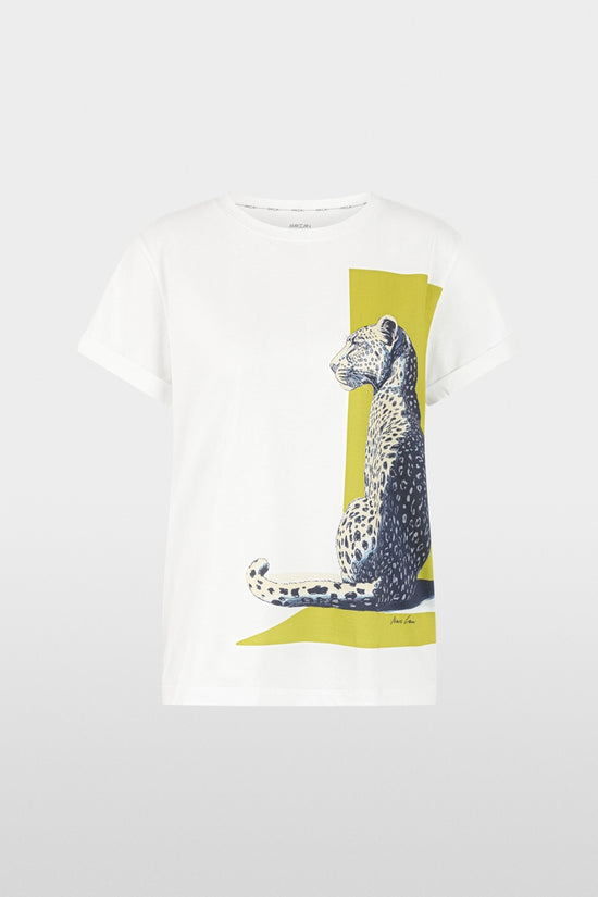 Marc Cain White Short Sleeve Cotton T-Shirt with Leopard Print
