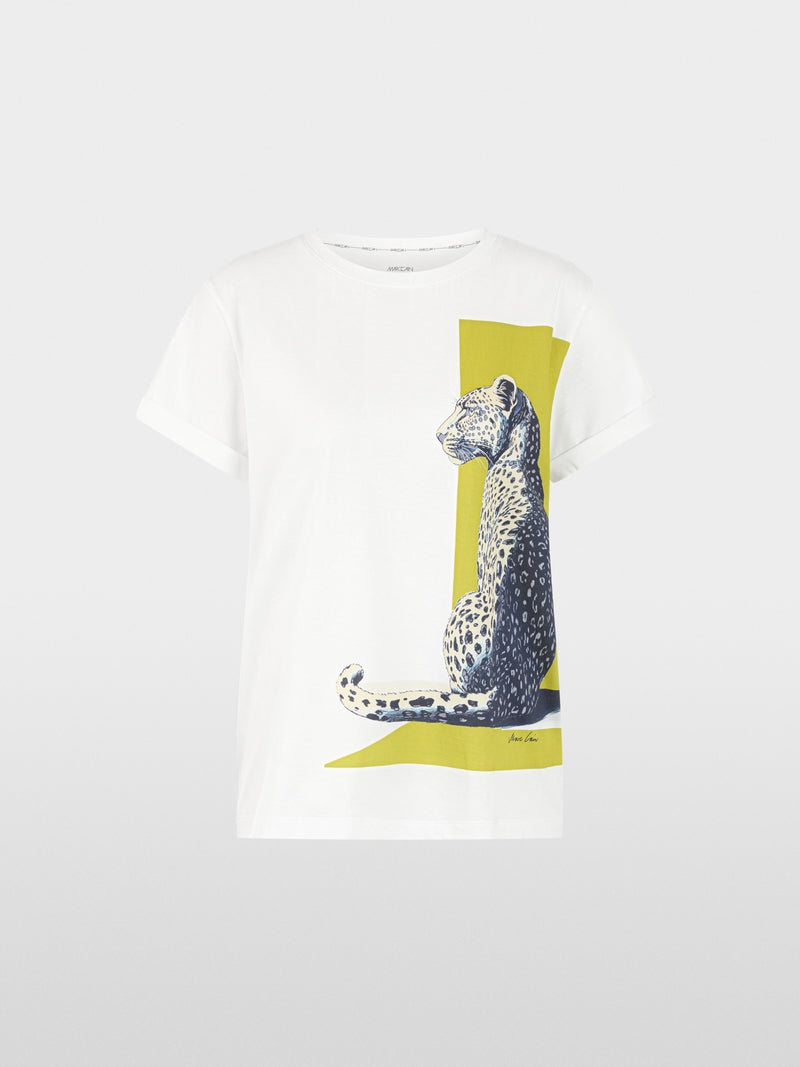 Marc Cain White Short Sleeve Cotton T-Shirt with Leopard Print