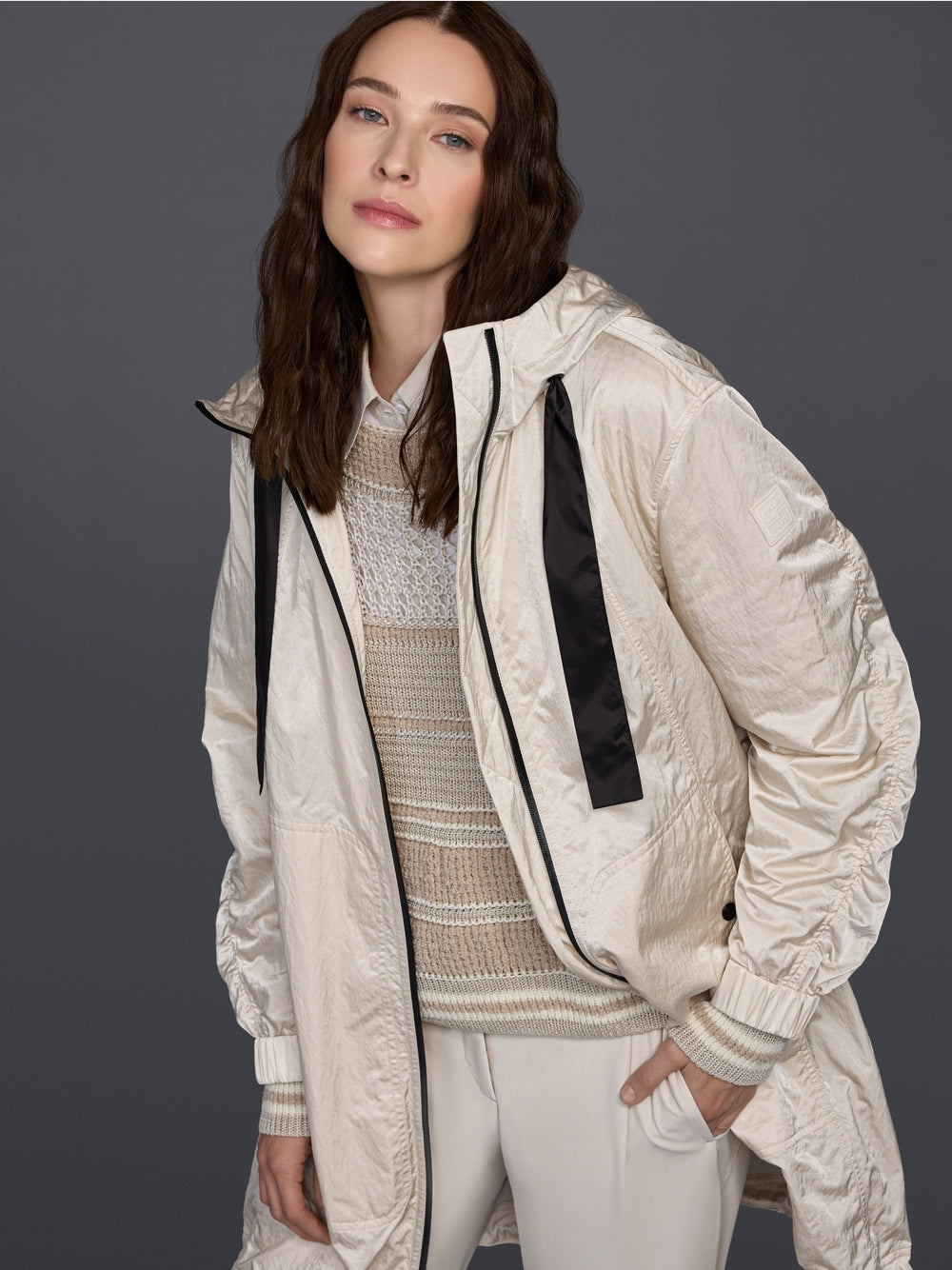 Marc Cain Sports Smoke Coloured Shiny Coat with Contrasting Details