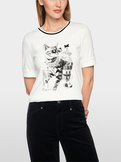 Marc Cain Sports Off White Cat in Sunglasses Print T-Shirt BS48.71 J53
