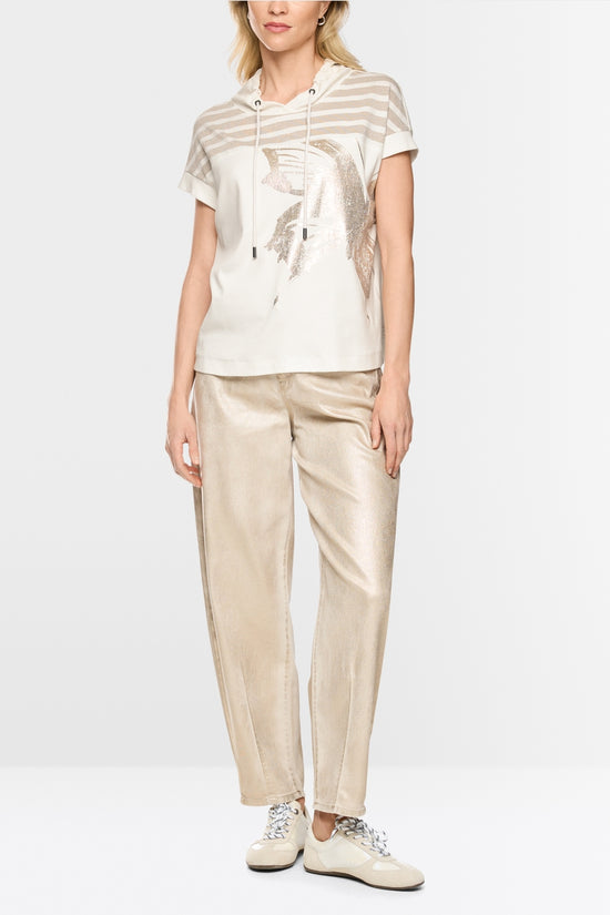 Marc Cain Sports Off-White Short Sleeve Top with Lurex and Gold Print