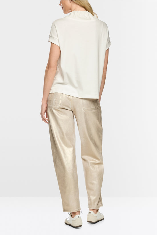 Marc Cain Sports Off-White Short Sleeve Top with Lurex and Gold Print