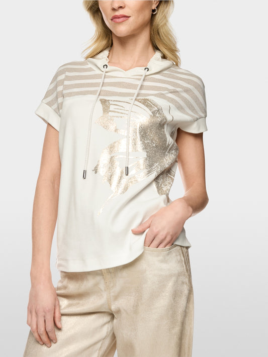 Marc Cain Sports Off-White Short Sleeve Top with Lurex and Gold Print
