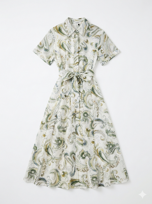 Marella White Patterned Shirt Dress – Cotton Blend Belted Summer Dress with Collar