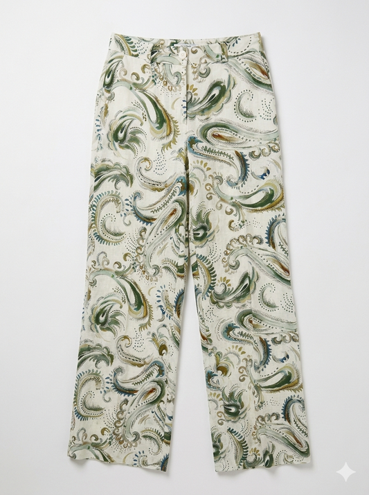 Marella Wide Leg Linen White with Pattern Print Trousers