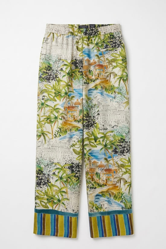 Caliban Scenery Print Stripe Hem Wide Leg Silk Trousers