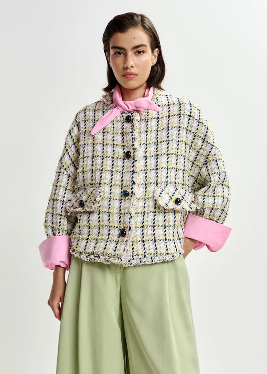 Essentiel Antwerp Black Green & Off-White Oversized Bouclé Jacket with Trim Detailing 