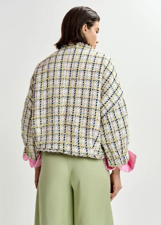 Essentiel Antwerp Black Green & Off-White Oversized Bouclé Jacket with Trim Detailing 