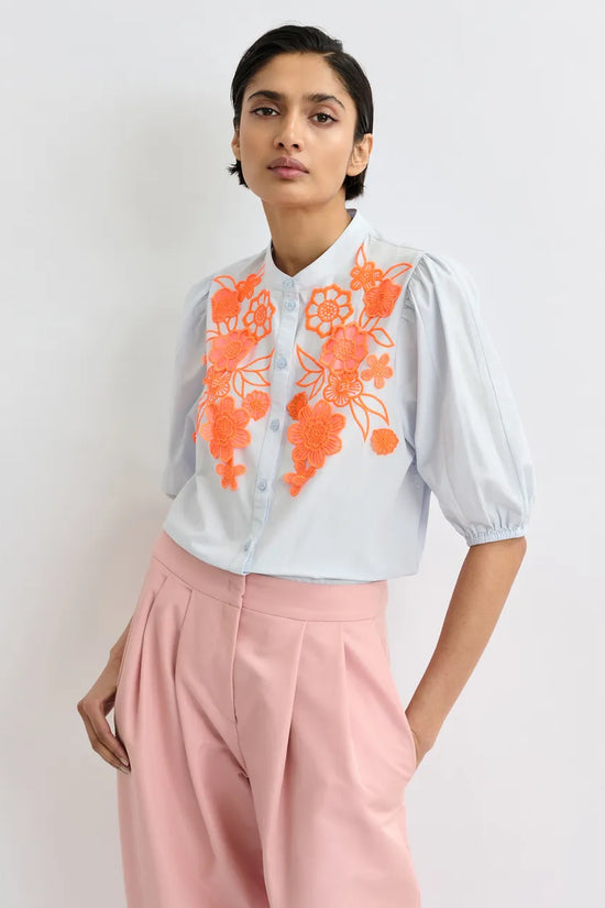 Essentiel Antwerp Light Blue and Orange Cotton Shirt