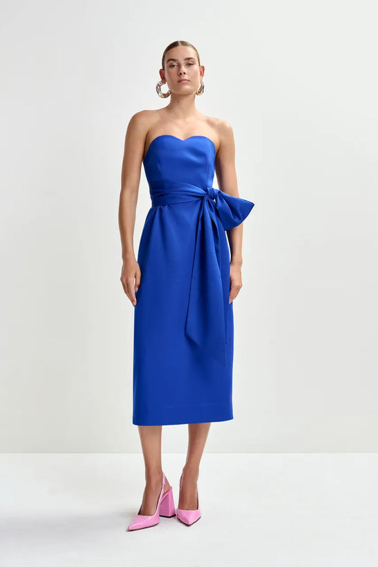 Essentiel Antwerp Blue Strapless Midi Dress with Wrap-Belt
