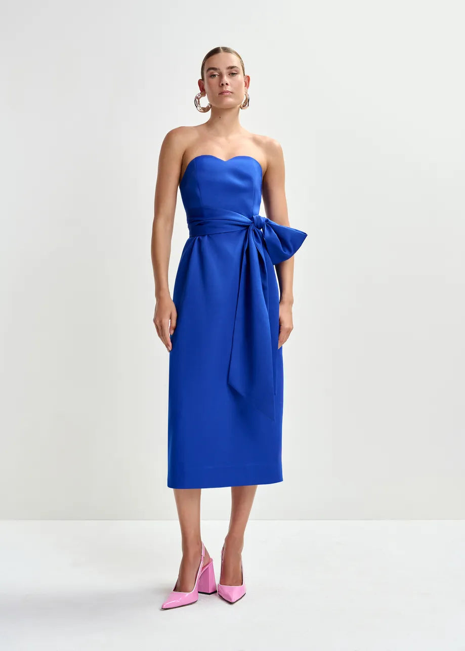 Essentiel Antwerp Blue Strapless Midi Dress with Wrap-Belt