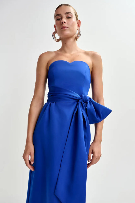 Essentiel Antwerp Blue Strapless Midi Dress with Wrap-Belt